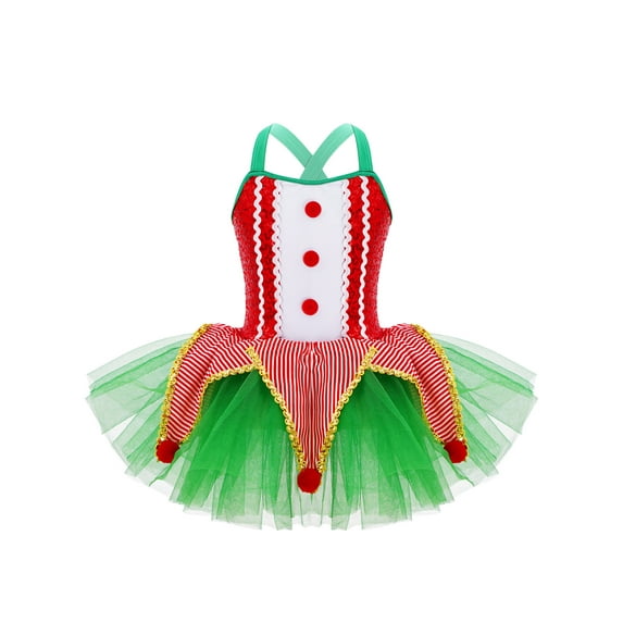JanJean Girls Christmas Elf Dress Sequin Dance Ice Skating Leotard Kids Shiny Cami Mesh Tutu Skirt Red 10
