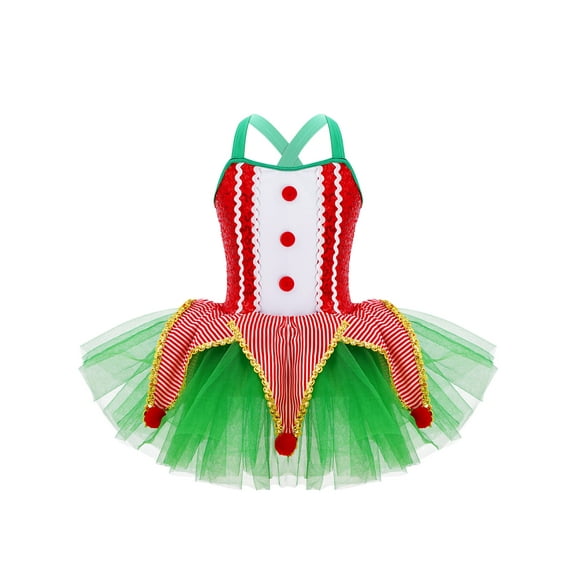 JanJean Girls Christmas Elf Dress Sequin Dance Ice Skating Leotard Kids Shiny Cami Mesh Tutu Skirt Red 8