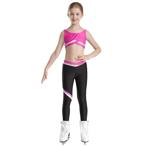 JanJean Girls Figure Skating Gymnastic Training Outfit Yoga Workout Suit Sleeveless U Neck Vest Top Hot Pink 16