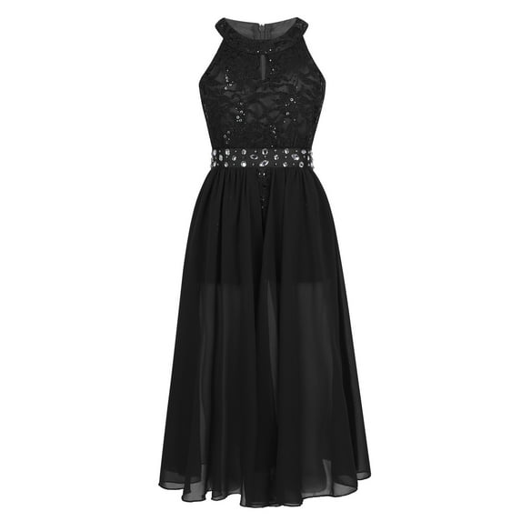 JanJean Girls Floral Lace Dress Romper Rhinestone Sleeveless Dresses Birthday Wedding Ball Gown Black 10