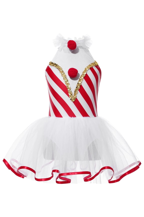 Girls Halter Sleeveless Striped Leotard Ballet Dance Tutu Dress Christmas Kids Candy Cane Red 10