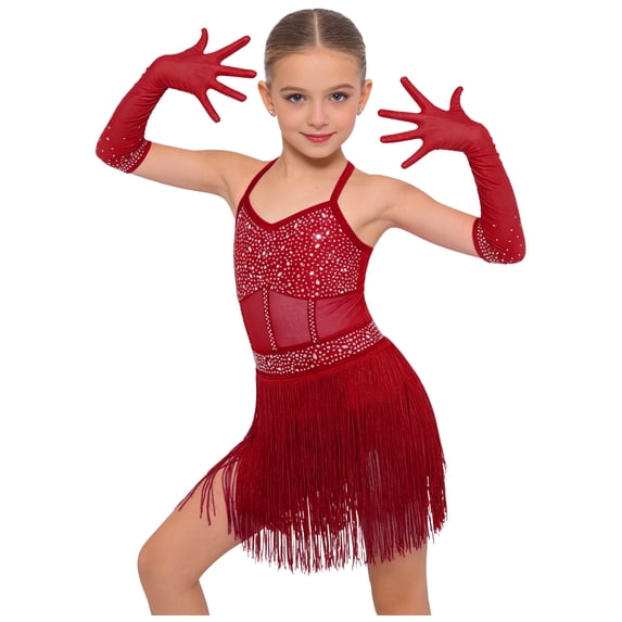 JanJean Girls Kids 2 Piece Latin Cha Cha Dance Outfit Shiny Rhinestones Fringe Dress Outfit Performance Dress Burgundy 6