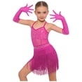 thumbnail image 1 of JanJean Girls Kids 2 Piece Latin Cha Cha Dance Outfit Shiny Rhinestones Fringe Dress Outfit Performance Dress Hot Pink 8, 1 of 7