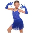 thumbnail image 1 of JanJean Girls Kids 2 Piece Latin Cha Cha Dance Outfit Shiny Rhinestones Fringe Dress Outfit Performance Dress Royal Blue 10, 1 of 7