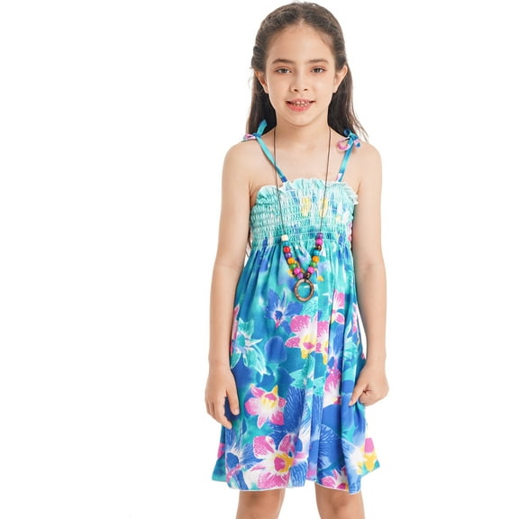 JanJean Girls Kids Bohemian Dresses Floral Sleeveless Rainbow Beach Sundress with Necklace Casual Blue 140
