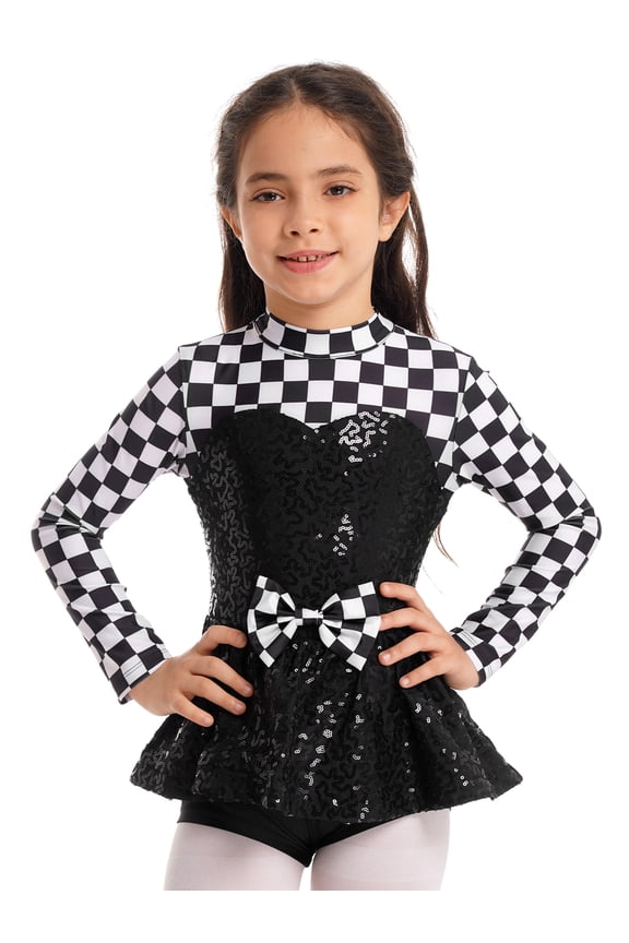Girls Kids Colorblock Long Sleeve Sequin Dance Leotard Ballet Dance Unitard Bodysuit Black 8