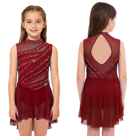 JanJean Girls Kids Figure Ice Skating Dress Latin Jazz Lyrical Dance leotard Gymnastics Tutu Skirt Ballerina Outfits Burgundy 6