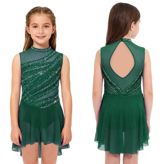 JanJean Girls Kids Figure Ice Skating Dress Latin Jazz Lyrical Dance leotard Gymnastics Tutu Skirt Ballerina Outfits Dark Green 8