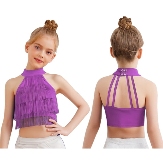 JanJean Girls Kids Latin Dance Tank Top Sleeveless Tassel Strappy Back Tiered Vest for Performance Purple 12