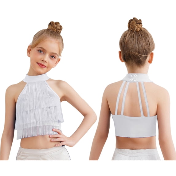 JanJean Girls Kids Latin Dance Tank Top Sleeveless Tassel Strappy Back Tiered Vest for Performance White 12