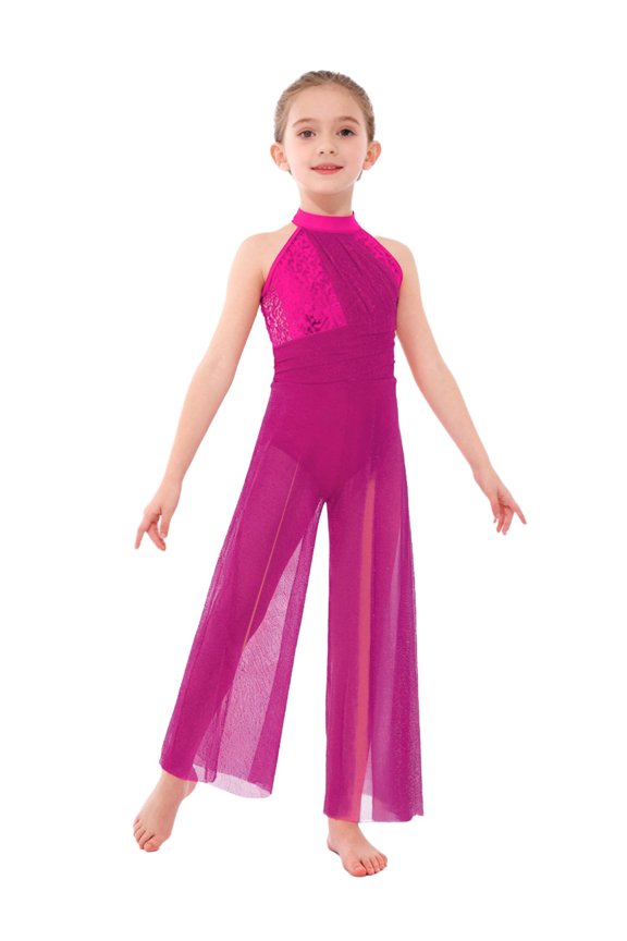 Girls Kids One Piece Lyrical Dance Performance Jumpsuit Strappy Back Shiny Sequins Wide-Leg Bodysuit Hot Pink 6