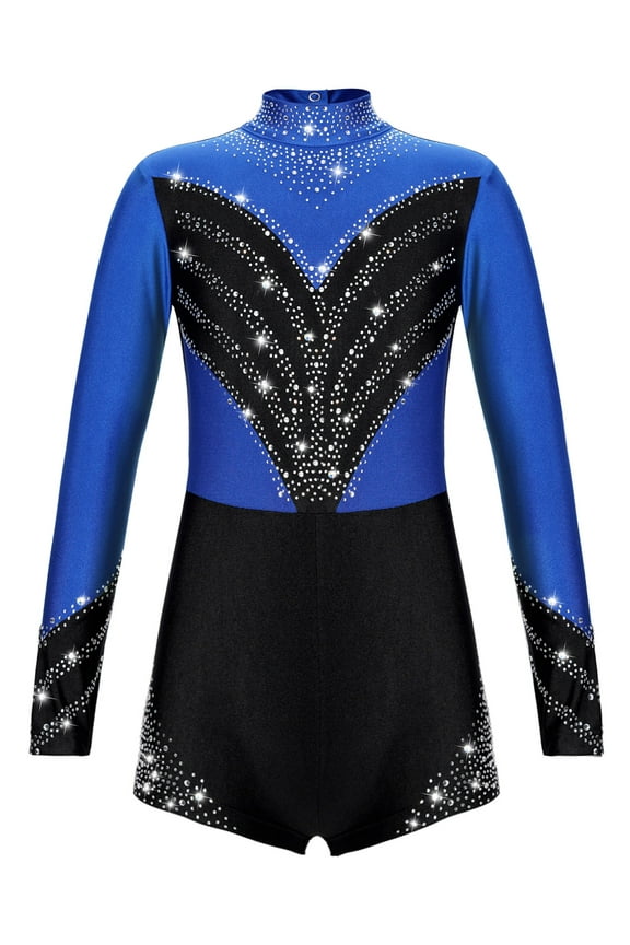 Girls Kids Sequined Long Sleeve Gymnastics Leotards with Shorts Sparkle Dance Unitards Royal Blue 10