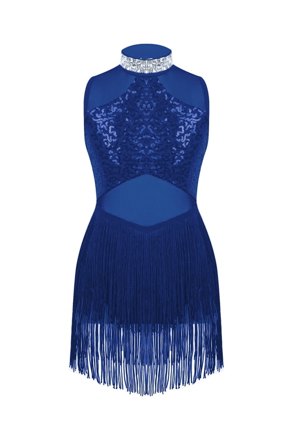 Girls Kids Sleeveless Halter Neck Sequins Tassels Dance Dress Jazz Latin Samba Tango Royal Blue 8