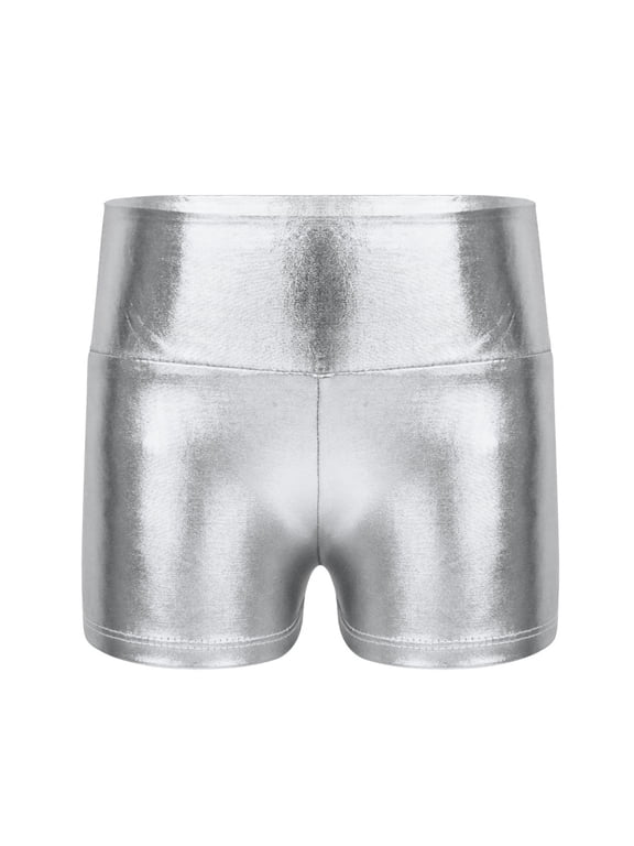 Girls Metallic Shiny Sports Shorts Ballet Dance Workout Gymnastic Hot Shorts Bottoms Activewear Silver 8