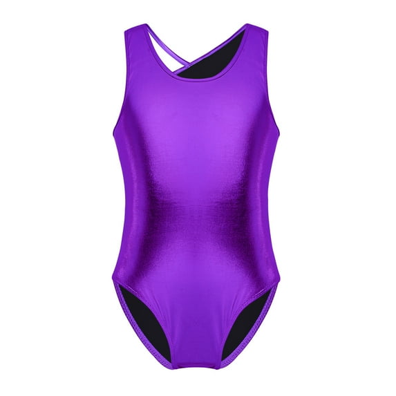JanJean Girls Metallic Straps Cutout Back One Piece Gymnastics Leotard Athletic Tank Top Purple 3XL