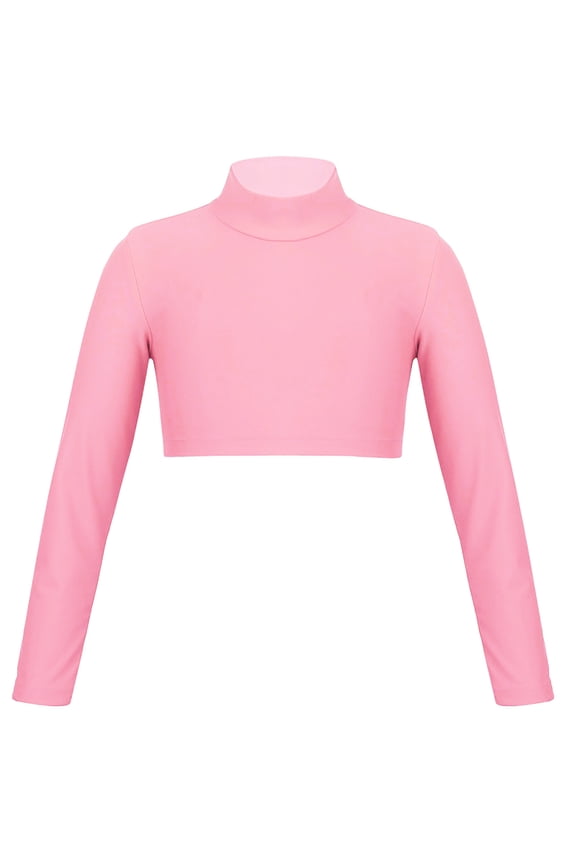 Girls Mock Neck Crop Tops Ballet Dance Tops Long Sleeve Athletic Turtleneck Sports Tee Shirts Pink 16