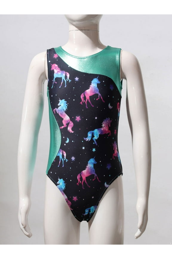 Girls Printed Gymnastic Leotard 2Pcs Dance Sports Outfit Swimwear Athletic Dancewear with Dark Night 4
