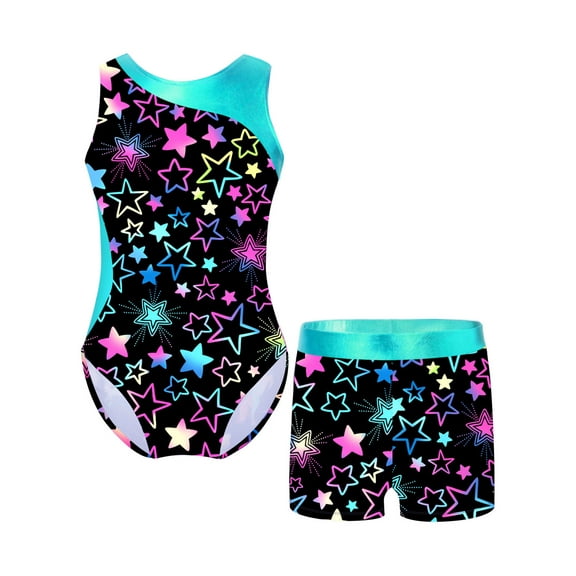 JanJean Girls Printed Gymnastic Leotard 2Pcs Dance Sports Outfit Swimwear Athletic Dancewear with Starry Black 4