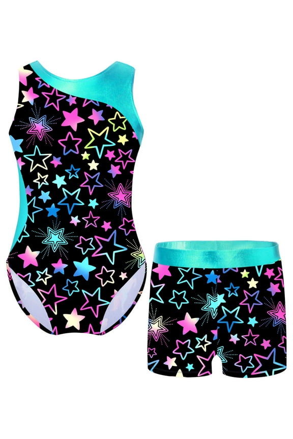 Girls Printed Gymnastic Leotard 2Pcs Dance Sports Outfit Swimwear Athletic Dancewear with Starry Black 4
