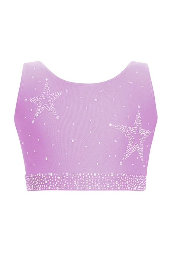 Girls Rhinestones Latin Jazz H Dance Crop Top Figure Skating Stage Performance Costume Dancewear Light Purple 8