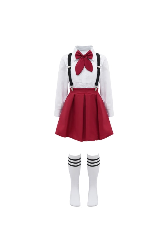 Girls School Uniform Suspender Pleated Skirt Sets Shirt Bowknot Japanese Anime Costume Type A Burgundy 150