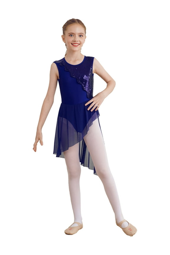 Girls Sequined Sleeveless Cutout Back Leotard Lyrical Dance Dress for Contemporary Ballet Navy Blue 6