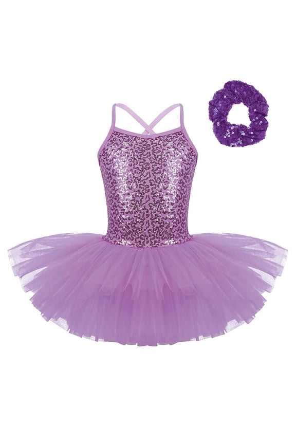 Girls Sequins Ballet Dance Dress Gymnastic Leotard Ballroom Dancewear with Headband Purple 11-12
