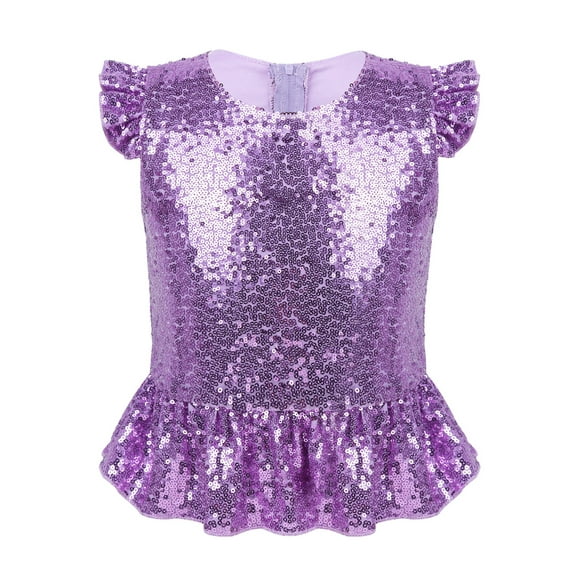 JanJean Girls Sequins Dance Tops Ruffled Sleeves Crop Tank Tops Modern Jazz Latin Dance Stage Performance Blouse Shirts Lavender 10