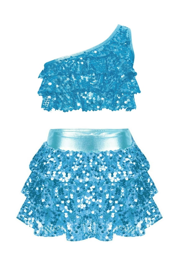 Girls Sequins Hip Hop Jazz Dance Outfit Stage Performance Costume Ballet Tutu Dress Modern Sky Blue 10