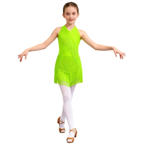 JanJean Girls kids Rhinestones Dance Dress for Lyrical Tango Baller Sleeveless Halter Backless Ballerina Gown Dancewear Fluorescent Yellow 10