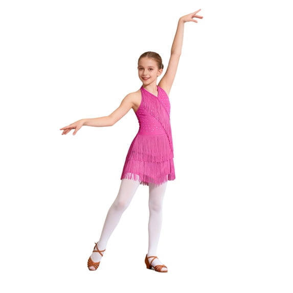 JanJean Girls kids Rhinestones Dance Dress for Lyrical Tango Baller Sleeveless Halter Backless Ballerina Gown Dancewear Hot Pink 8