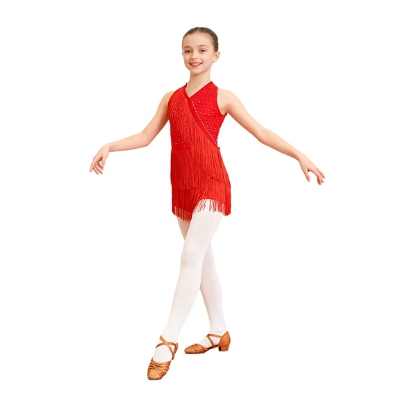 JanJean Girls kids Rhinestones Dance Dress for Lyrical Tango Baller Sleeveless Halter Backless Ballerina Gown Dancewear Red 10