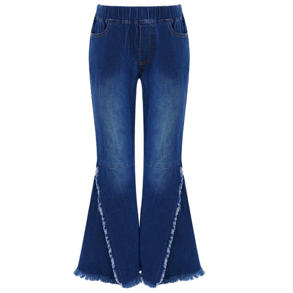 JanJean Kid Girls Youth Junior Denim Jeans Bell Bottom Flare Pants High Waist Wide Leg Ruffled Dark Blue 4