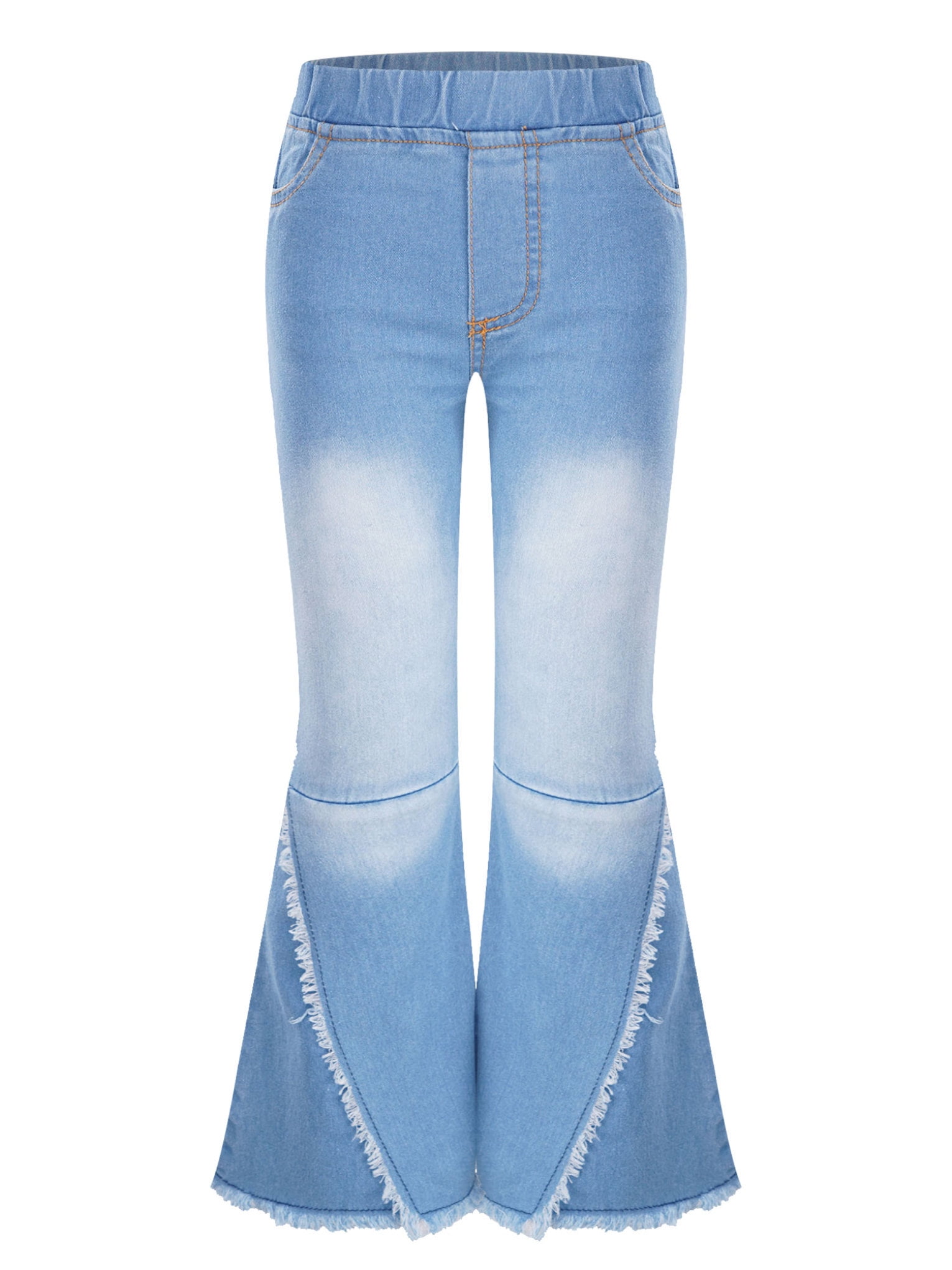 JanJean Kid Girls Youth Junior Denim Jeans Bell Bottom Flare Pants High Waist Wide Leg Ruffled Light Blue 8