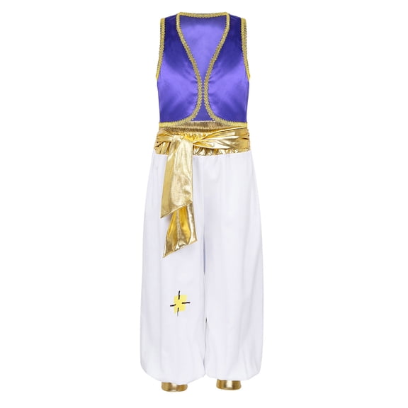 JanJean Kids Boys Arabian Prince Costume Silky Waistcoat with Harem Dance Pants for Halloween Party Dark Purple 6