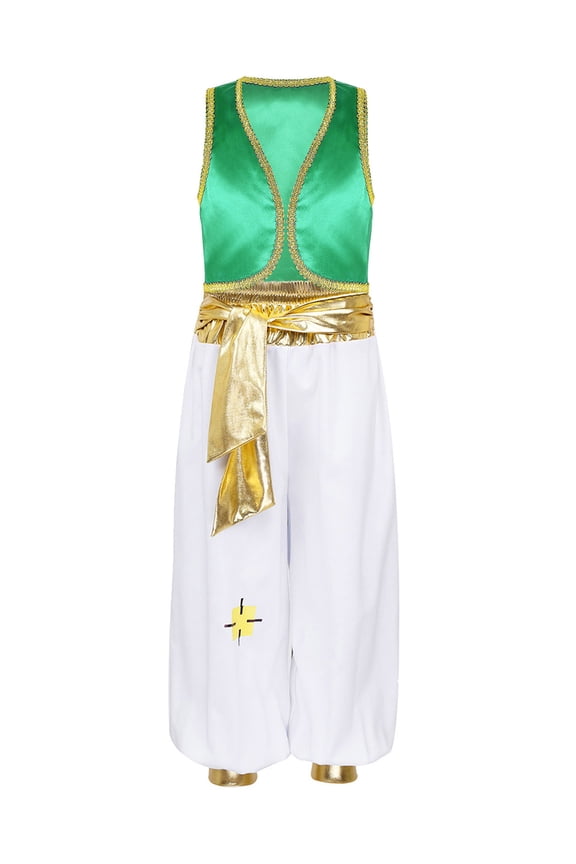 Kids Boys Arabian Prince Costume Silky Waistcoat with Harem Dance Pants for Halloween Party Green 6