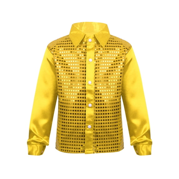 JanJean Kids Boys Girls Jazz Dance Costume Sequins Long Sleeve Button Down Shirt 70s Disco Party Fance Dress Up Gold 4-5