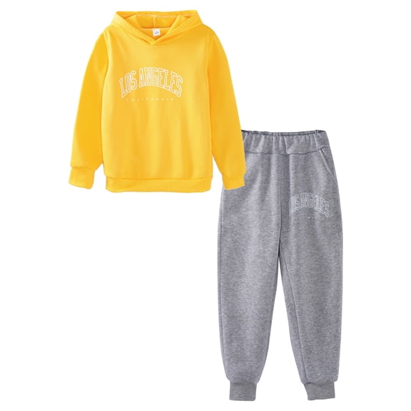 JanJean Kids Boys and Girls 2Piece Athletic Sweat Suit Letter Printed Long Sleeve Hoodie Tops and Yellow&Gray 130