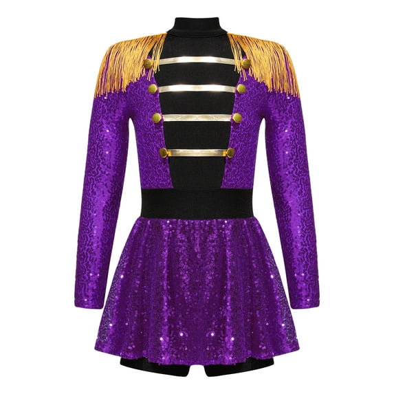 JanJean Kids Circus Costume Girls Ringmaster Outfit Sequins Dress with Shorts Sparkly Show Purple 12