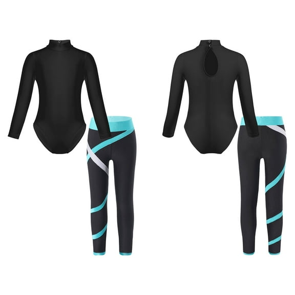 JanJean Kids Girls 2 Pcs Gymnastic Outfit Tracksuit Ice Skating Costume Mock Neck Leotard with Green L