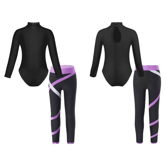 JanJean Kids Girls 2 Pcs Gymnastic Outfit Tracksuit Ice Skating Costume Mock Neck Leotard with Lavender 4XL