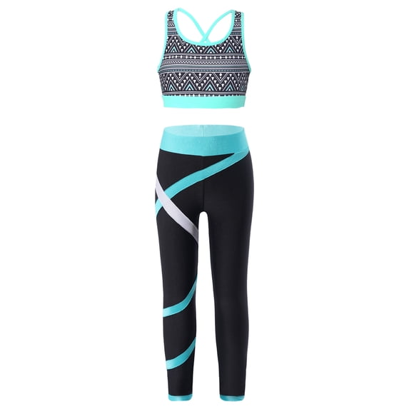 JanJean Kids Girls 2 Pcs Sport Dance Outfit Gymnastics Yoga Workout Tracksuit Crop Top with Leggings Geometric Black 10
