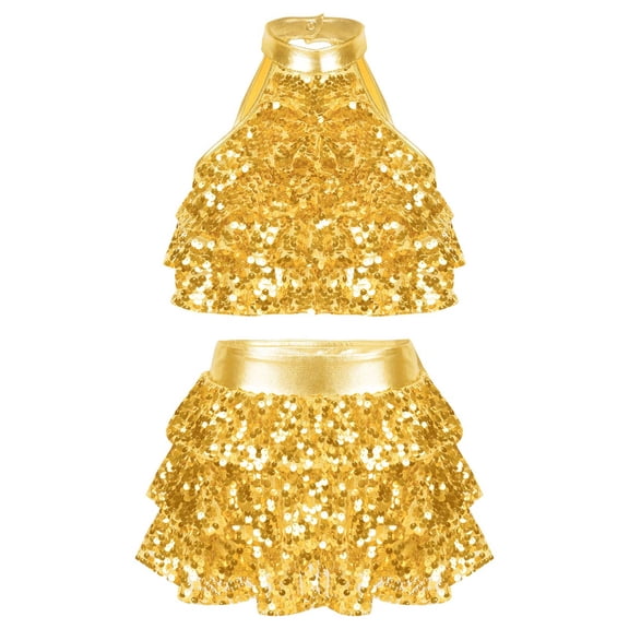 JanJean Kids Girls 2 Piece Dance Outfits Set Metallic Crop Top with Skirt Modern Jazz Latin Ballroom Gold 10