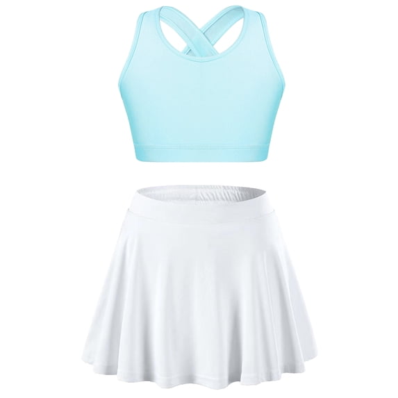 JanJean Kids Girls 2 Piece Summer Outfits Crop Tank Tops with A-Line Skirts Set Tennis Golf Sports Light Blue&White 8
