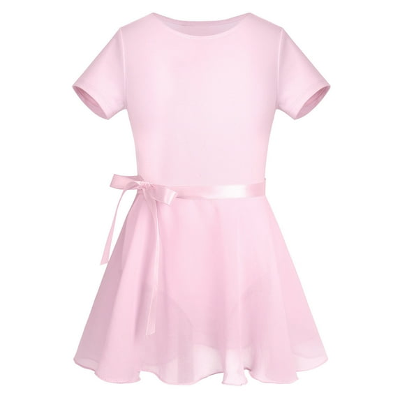 JanJean Kids Girls Basic Dance Ballet Gymnastics Outfits 2 Pcs Short Sleeve Splice with Mesh Dress Pink S