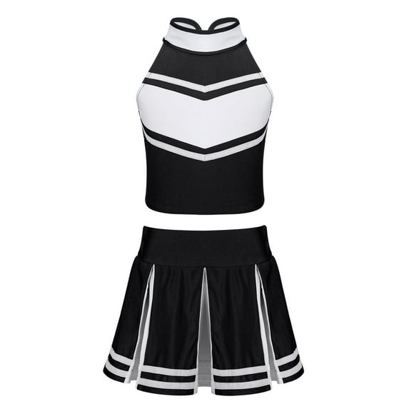 JanJean Kids Girls Cheer leader Costume Cheerleading Uniform Outfit Shell Tank Top with Pleated Skirt Black 16