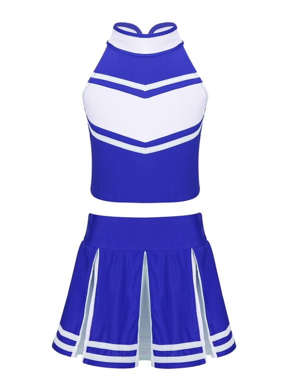 Kids Girls Cheer leader Costume Cheerleading Uniform Outfit Shell Tank Top with Pleated Skirt Blue&White 14