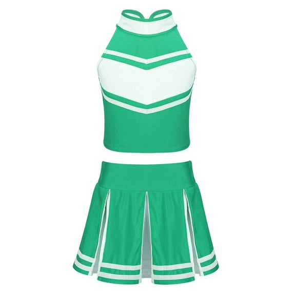 JanJean Kids Girls Cheer leader Costume Cheerleading Uniform Outfit Shell Tank Top with Pleated Skirt Green 12