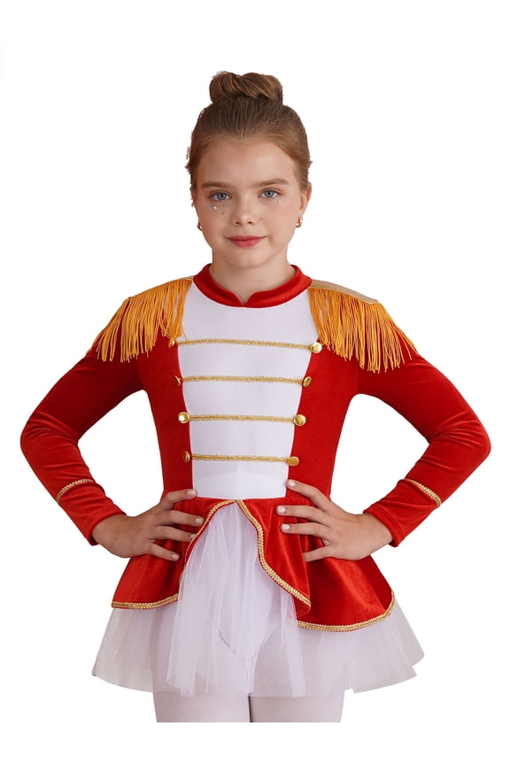Kids Girls Christmas Circus Ringmaster Costume Long Sleeve Tassel Leotard Mesh Tutu Dress Red 12