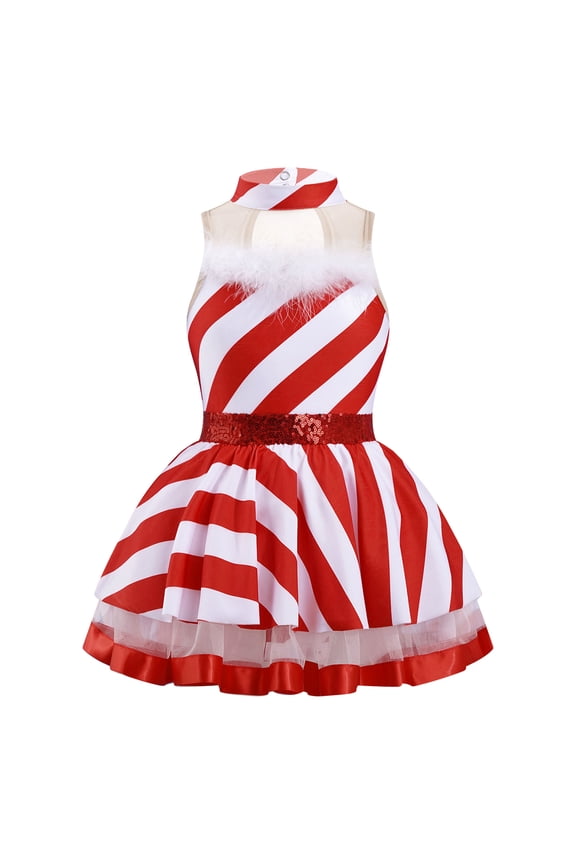 Kids Girls Christmas Dance Tutu Dress Sleeveless Candy Cane Striped Leotard Xmas Party Dress Red 4